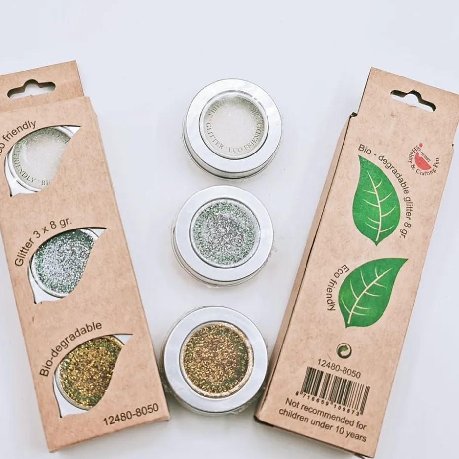 Bio Glitter Sett 3x8g – Hvit, Sølv, Gull