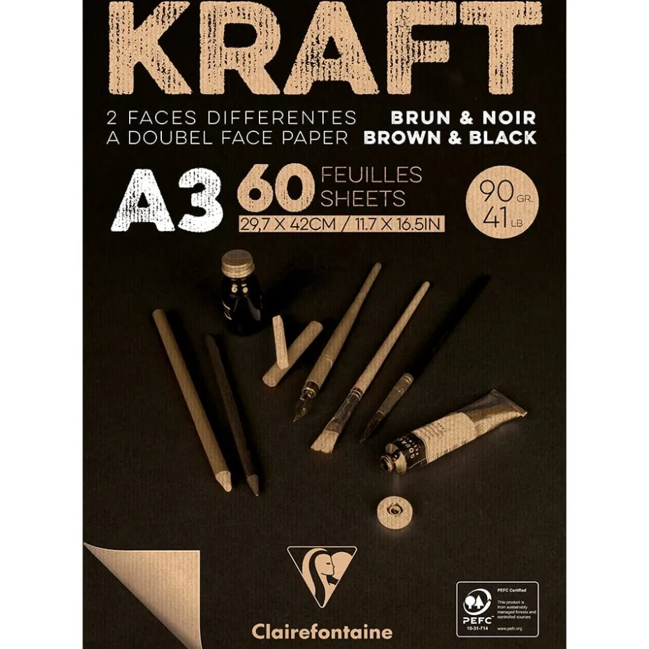 Clairefontaine Kraft Tegneblokk brun/svart – 90g 60ark – A3
