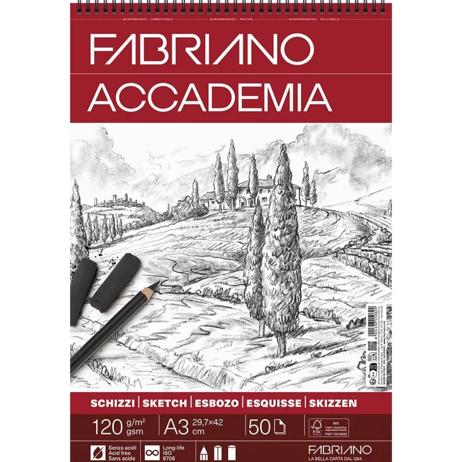 Fabriano Accademia Sketch Skisseblokk Spiral 120g A3 – 50ark