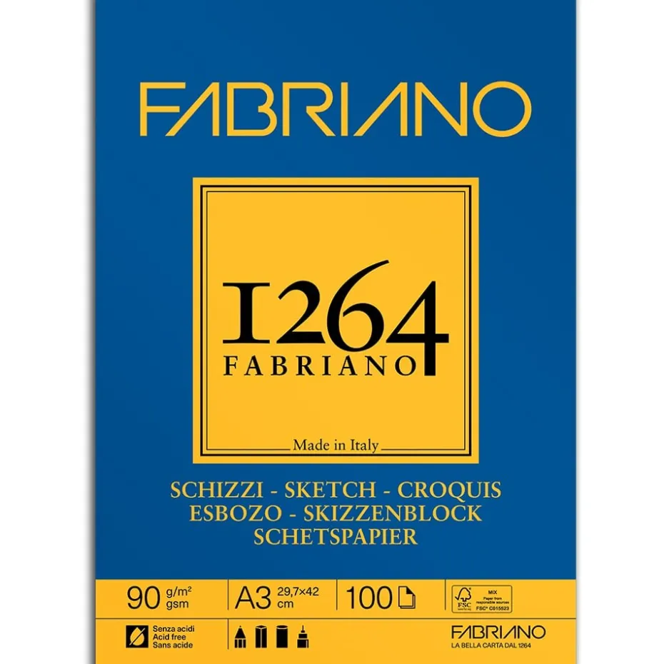 Fabriano 1264 Sketch Skisseblokk Limt 90g 100ark – A3