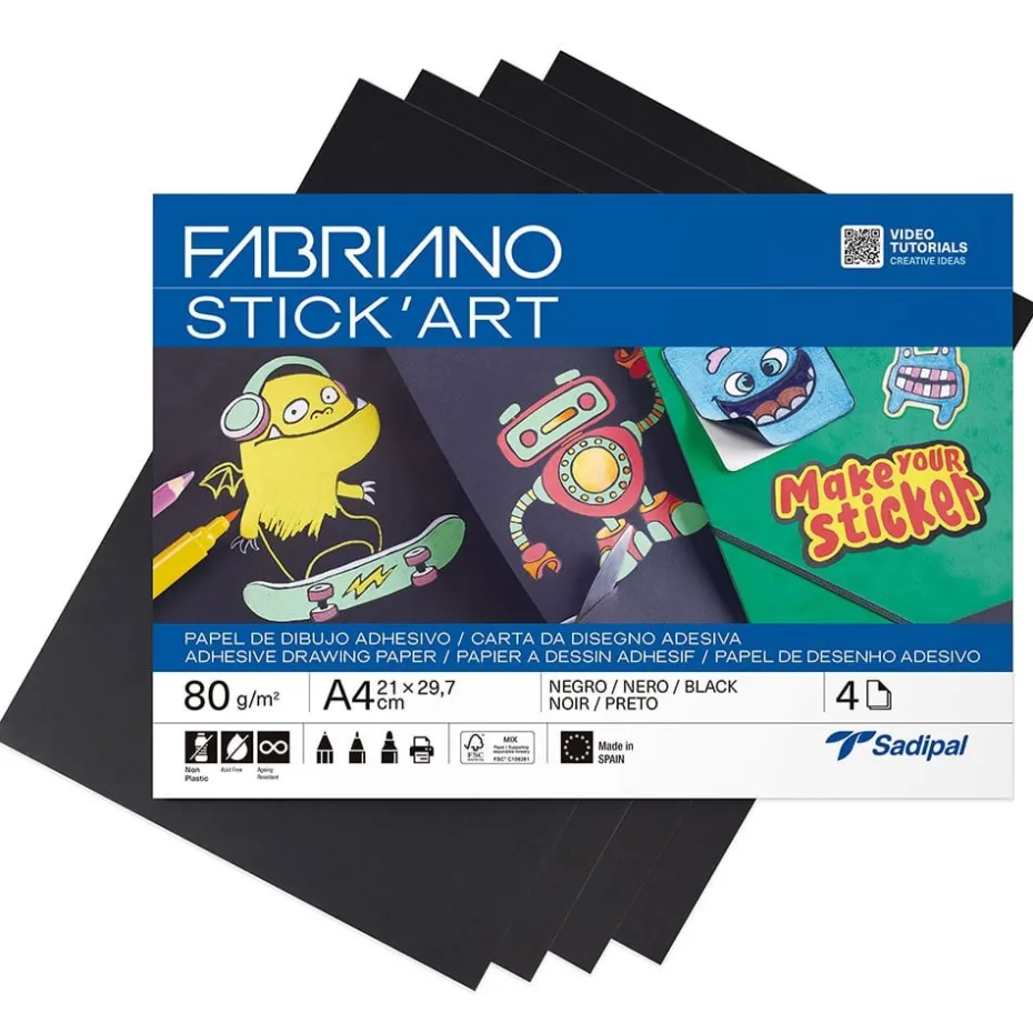 Fabriano Stick’Art Selvklebende papir 4ark – A4 80g – Sort