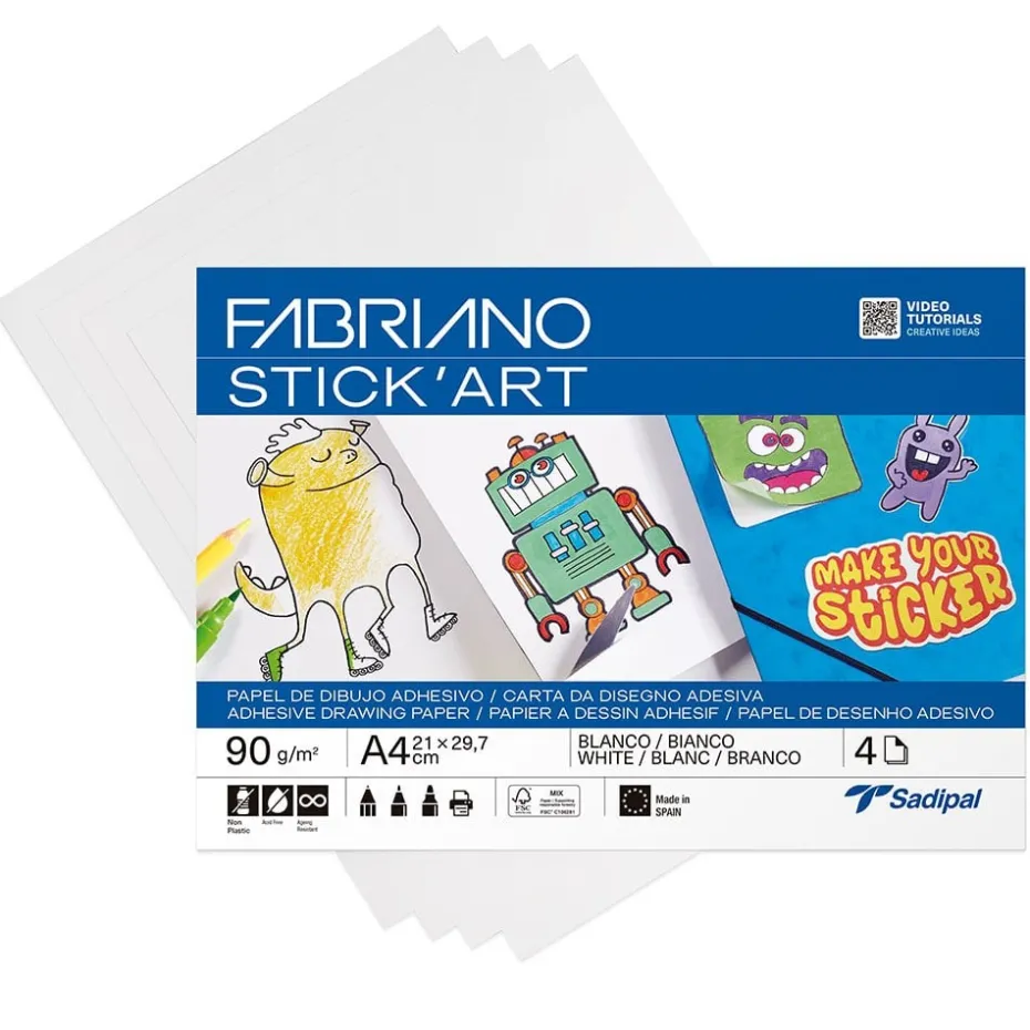 Fabriano Stick’Art Selvklebende papir 4ark – A4 90g – Hvit
