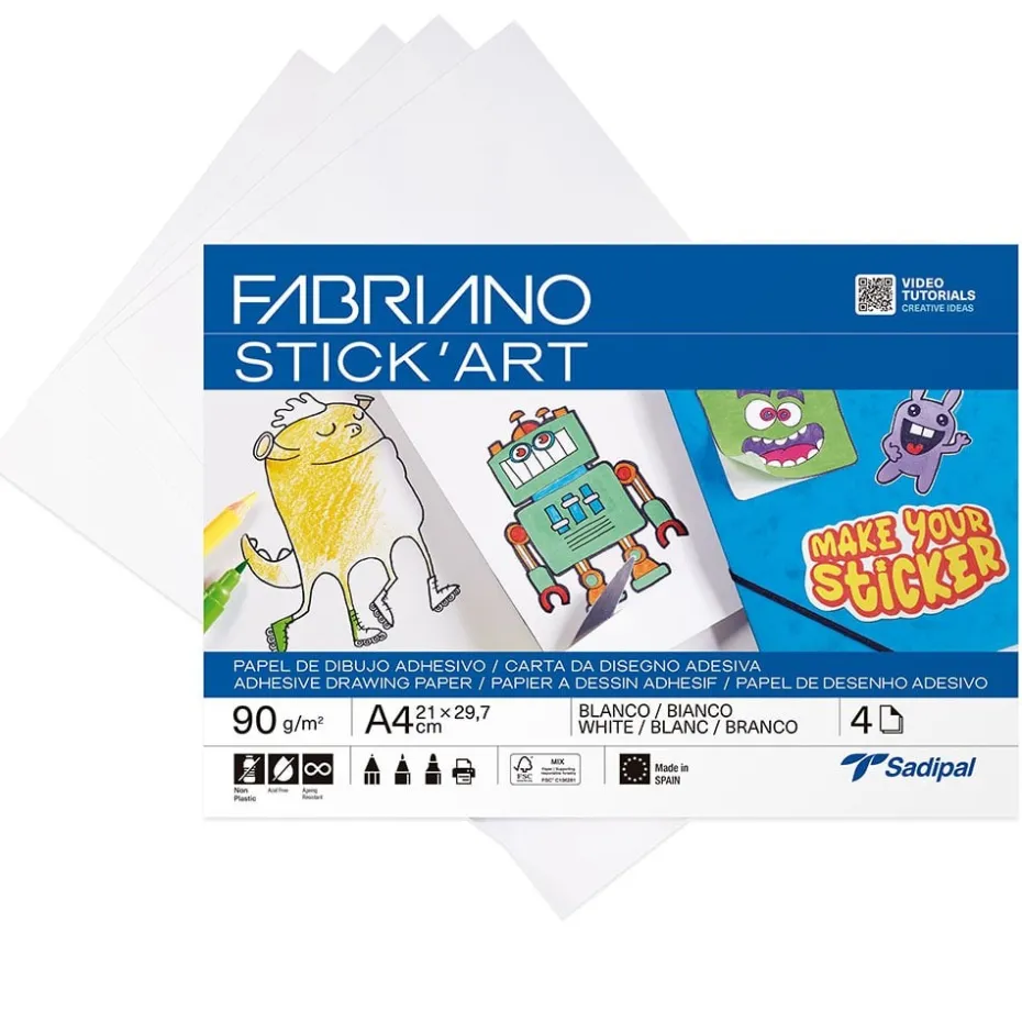 Fabriano Stick’Art Selvklebende papir 4ark – A4 90g – Hvit