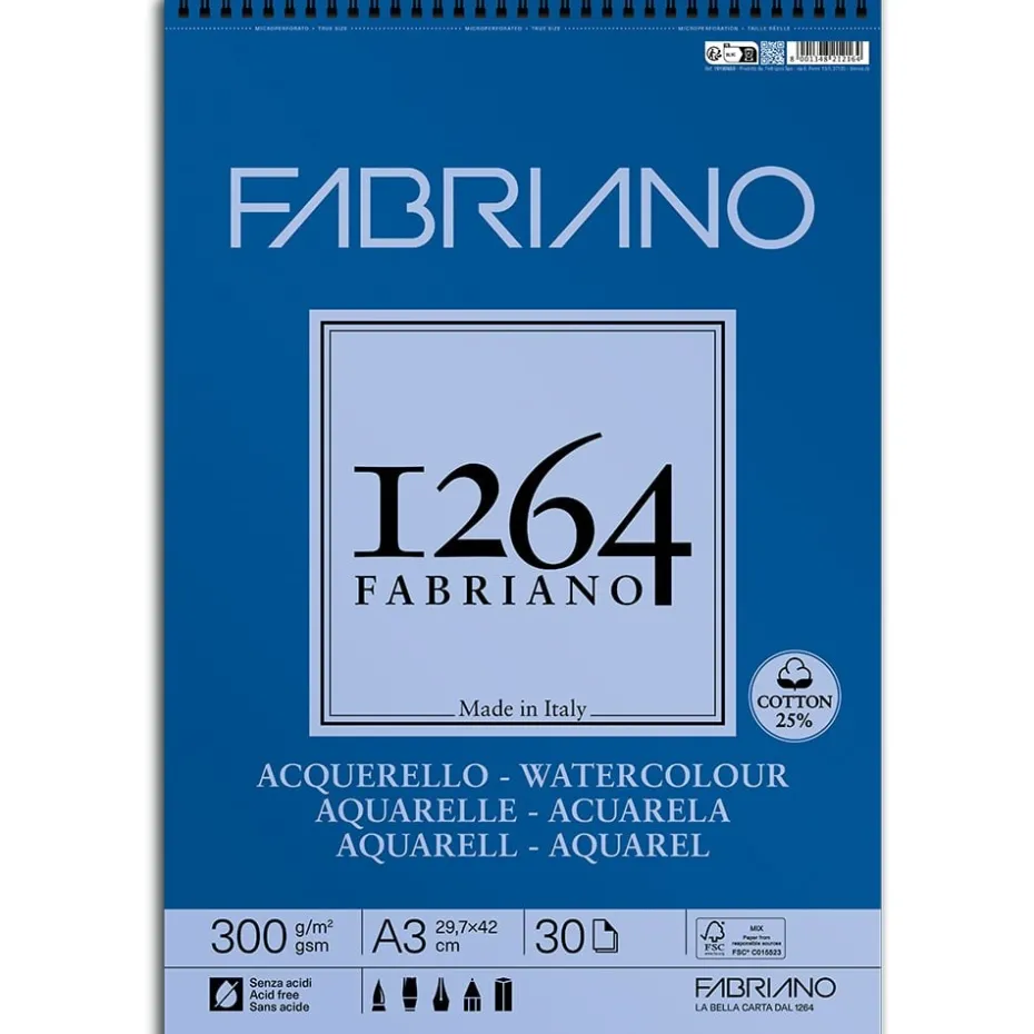 Fabriano 1264 Watercolour Akvarellblokk Spiral 300g 30ark A3