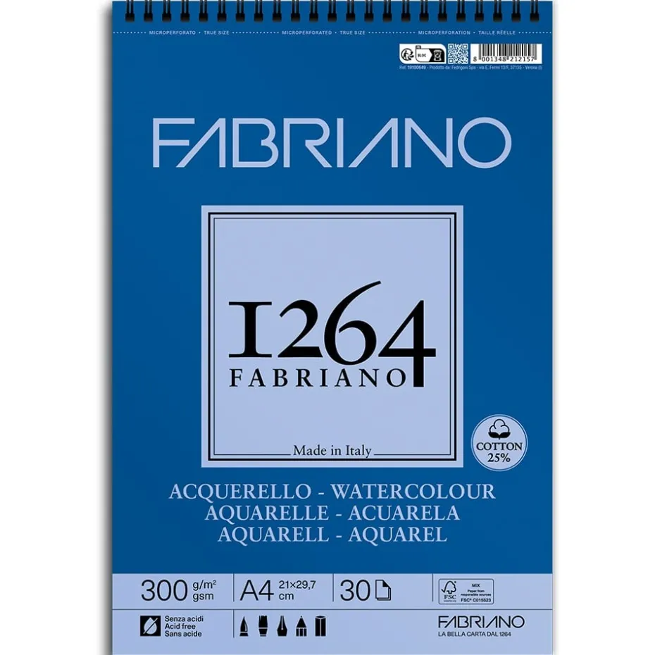 Fabriano 1264 Watercolour Akvarellblokk Spiral 300g 30ark A4