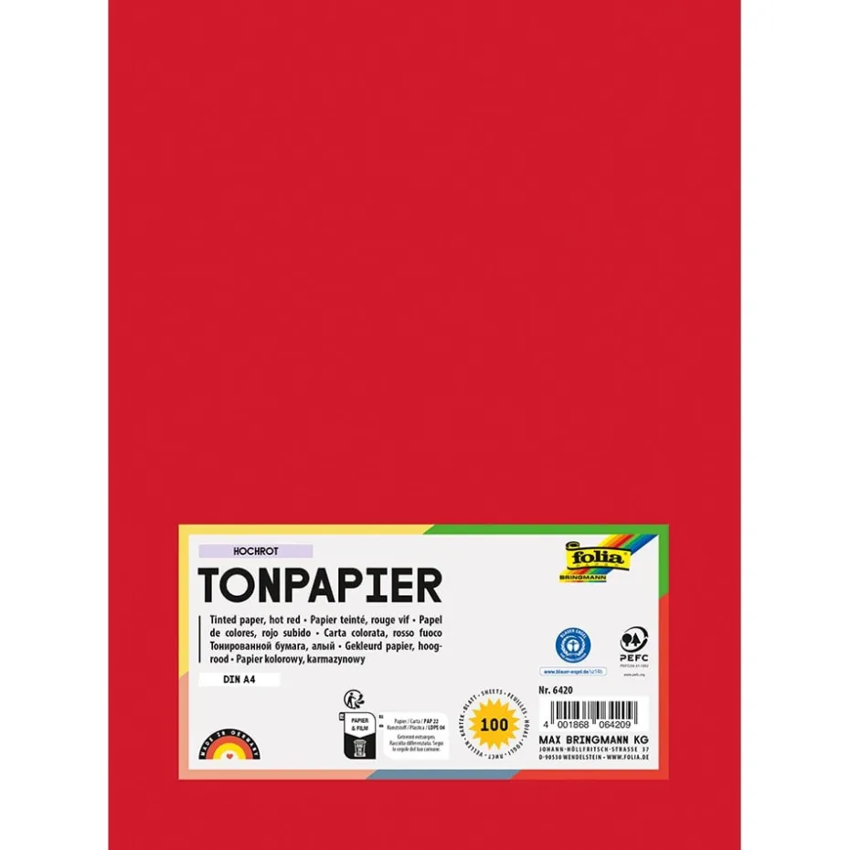 Folia Tegnepapir A4 – 130g 100ark – 20 Rød