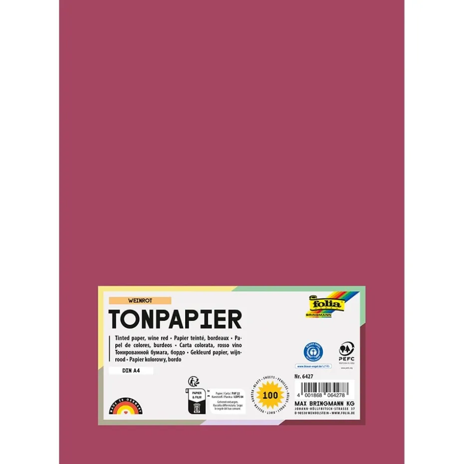 Folia Tegnepapir A4 – 130g 100ark – 27 Vinrød
