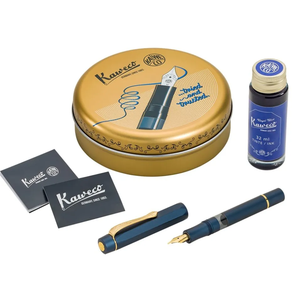 Kaweco Piston Sport Al Fyllepenn Set – F 0.7mm Navy/Gold