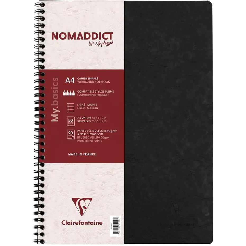 Nomaddict Notatbok Spiral A4 linjer m/marg – Sort