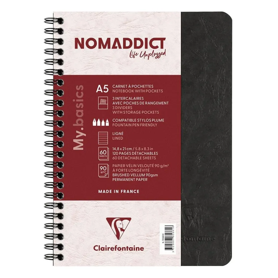 Nomaddict Notatbok Spiral A5 linjer – 3 lommer – Sort