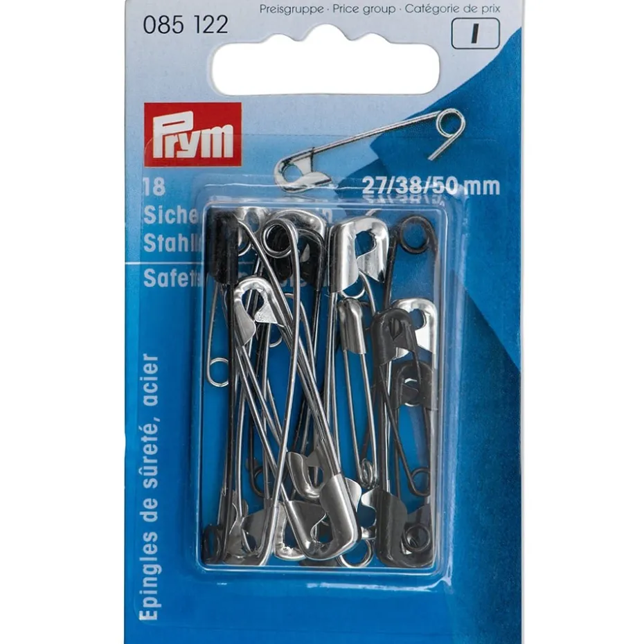 Prym Sikkerhetsnåler 27/38/50mm – Sølv/sort – 18stk