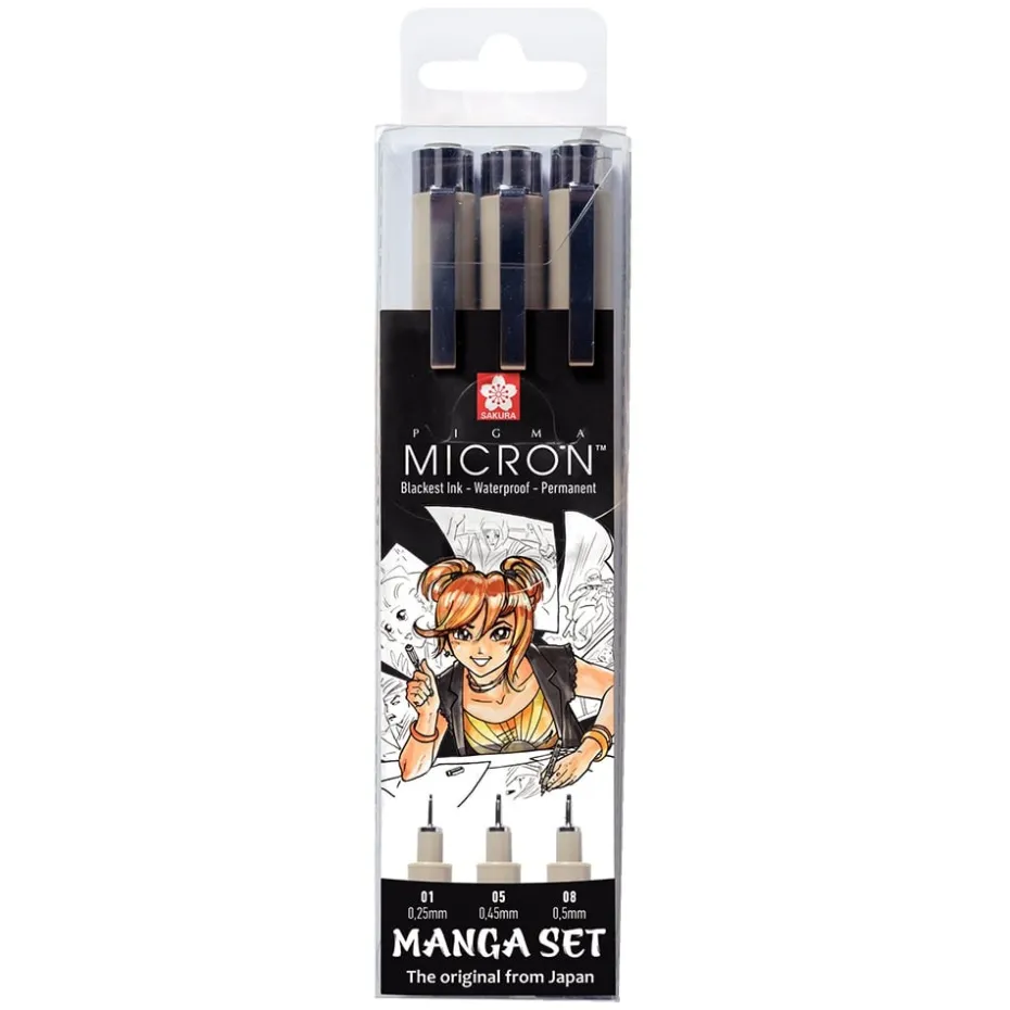 Sakura Pigma Micron Manga Sett 3stk – Sort 01 05 08