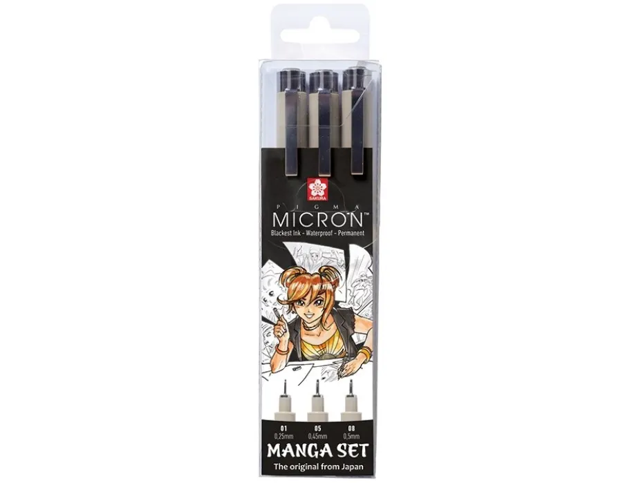 Sakura Pigma Micron Manga Sett 3stk – Sort 01 05 08