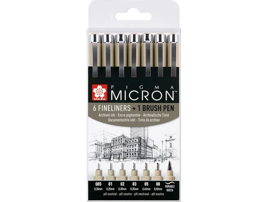 Sakura Pigma Micron Sett 7stk – 49 Sort 6 +1 Brush
