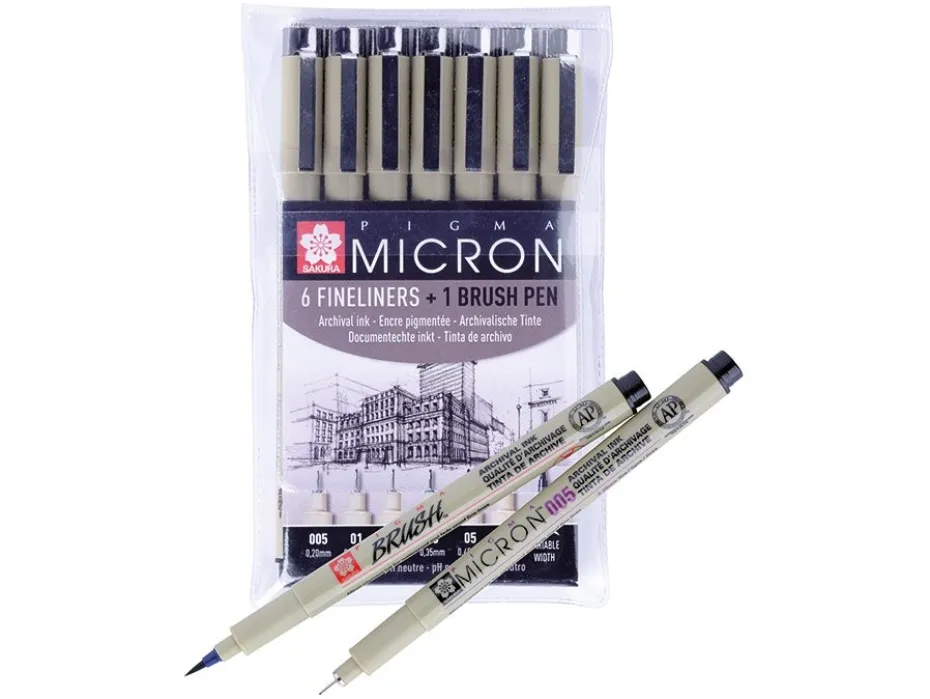 Sakura Pigma Micron Sett 7stk – 49 Sort 6 +1 Brush