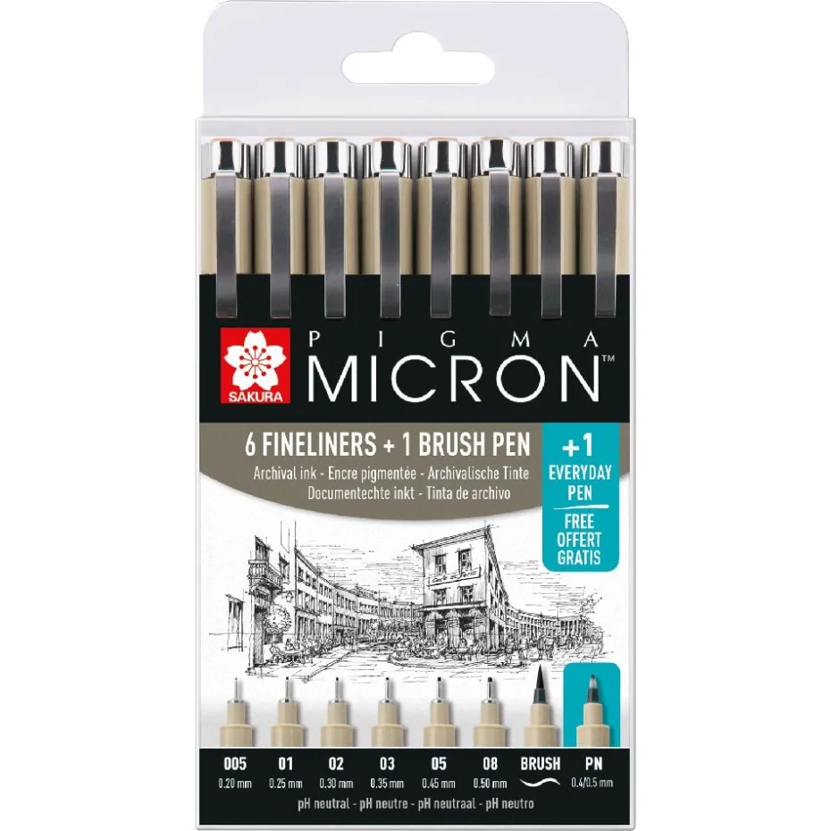 Sakura Pigma Micron Sett 8stk – 49Sort – 6 + 1 Brush + 1 PN