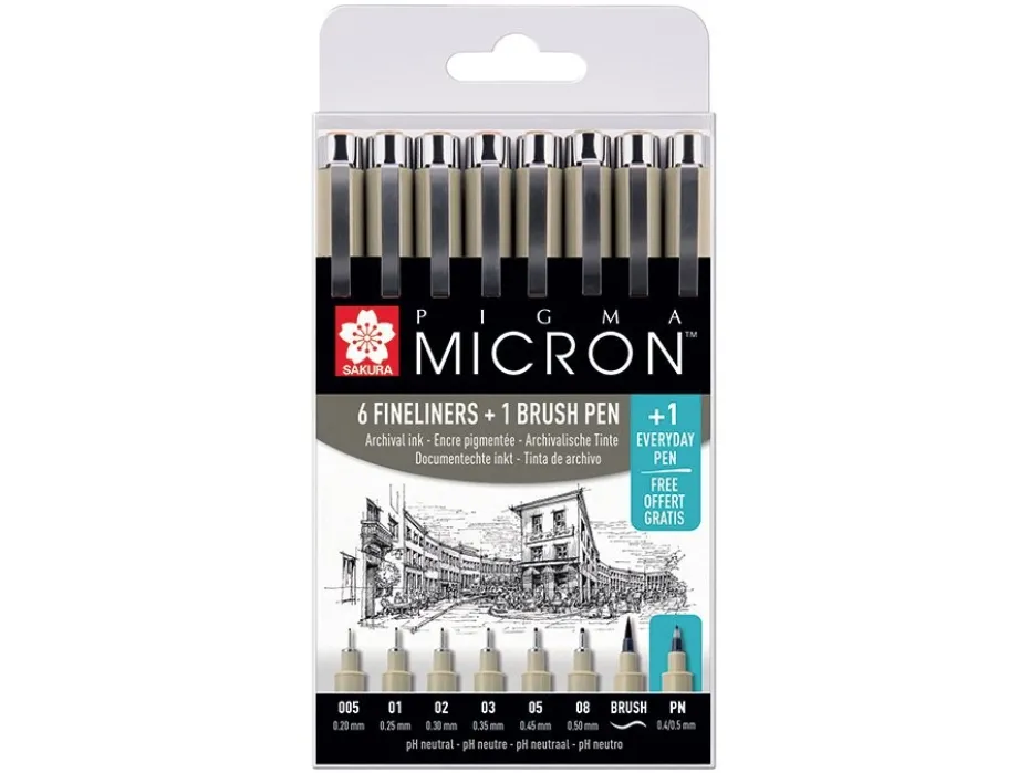 Sakura Pigma Micron Sett 8stk – 49Sort – 6 + 1 Brush + 1 PN