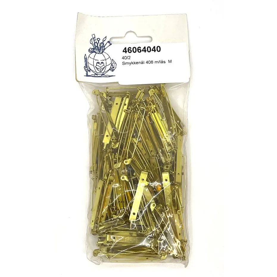 Smykkenål 406 avlang m/lås 40mm 100stk – Messingfarget