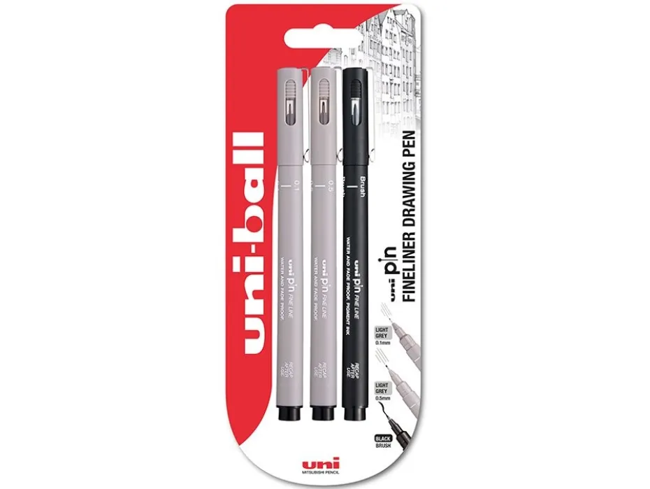 Uni pin Fineliner Sett 3stk – 01 – 05 Lys grå – Brush Sort