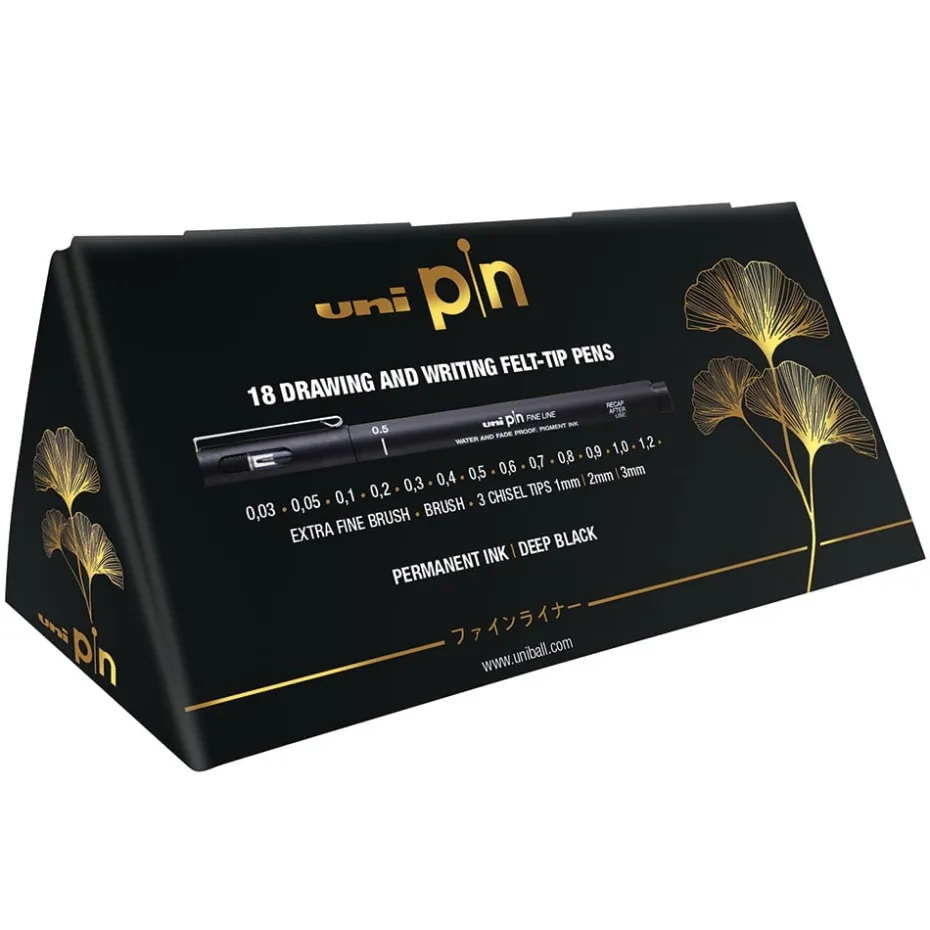 UNI Pin Fineliner – Trekantboks med 18 x Sort – Deep Black