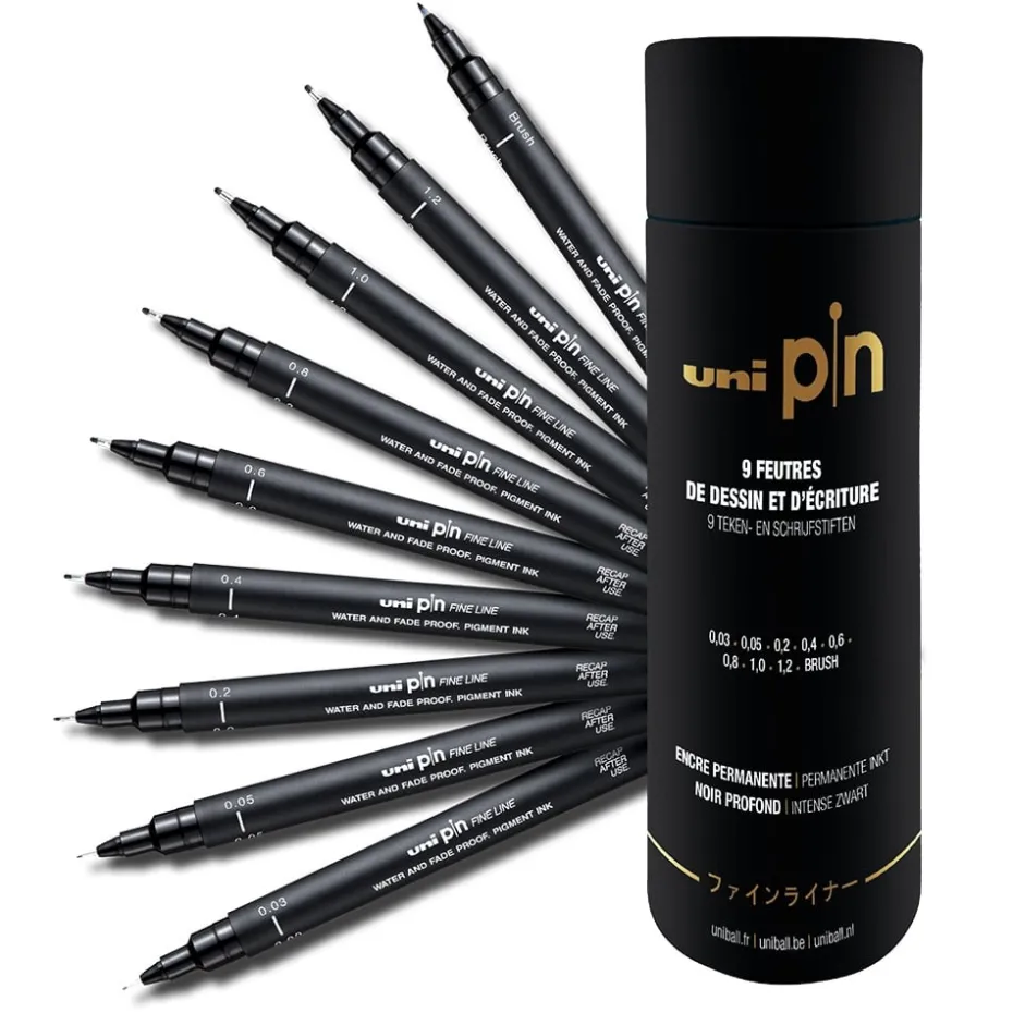 UNI Pin Fineliner – Tube med 9 x Sort – Deep Black