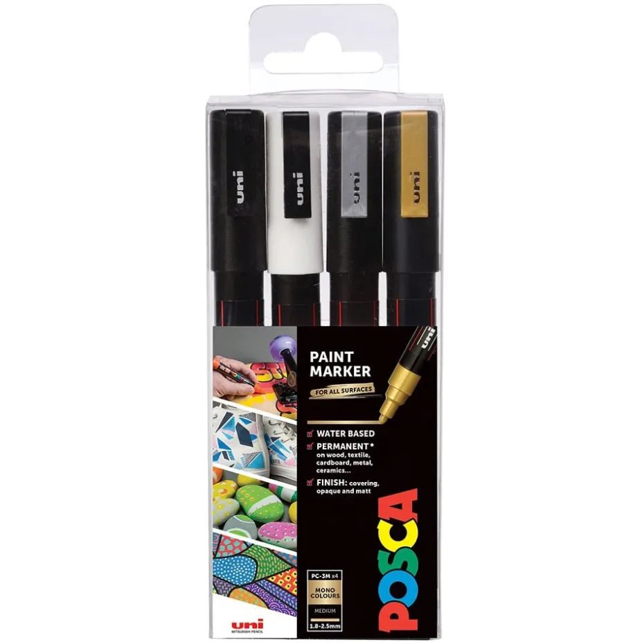 Uni POSCA PC-3M – Fine 0,9-1,3mm – Sett 4 farger Mono