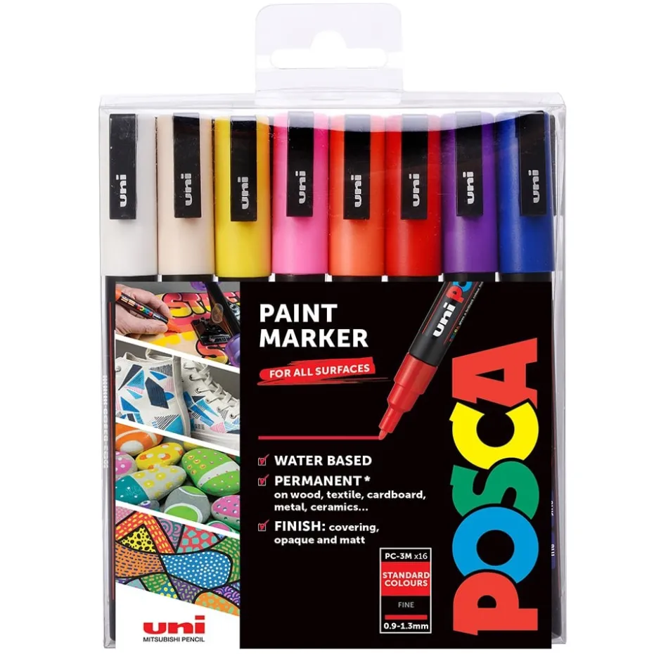 Uni POSCA PC-3M – Fine 0,9-1,3mm – Sett Standard 16stk